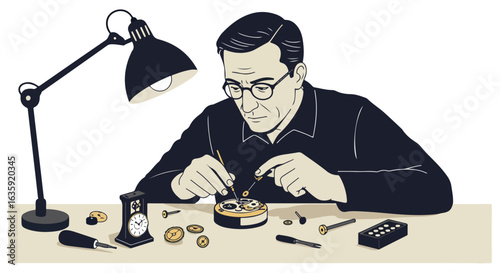 Watchmaker repairs timepiece under lamp, focus intense, tools lay around