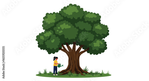 Watering Tree Woman gives water to a big tree with green leaves and a dark trunk