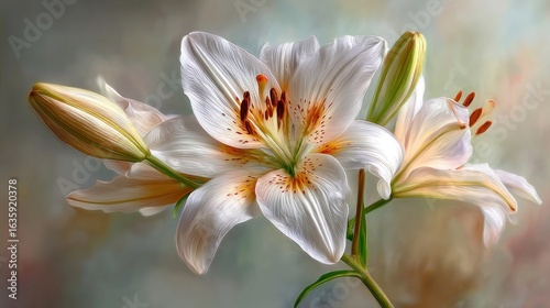 Graceful white lily blossoms with orange specks against a soft backdrop