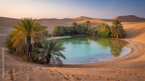 Crescent moon-shaped desert oasis with blue glowing water