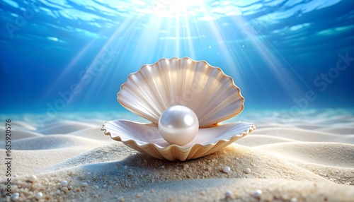 An exquisite pearl revealed inside an open seashell, a softly lit 3D render of an underwater treasure sitting gently on the sandy seabed.