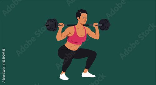Woman squatting with barbell, wearing a pink top, black pants, white shoes on green backdrop