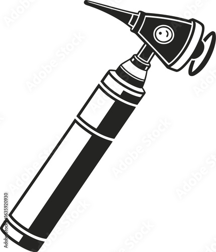 Bold black otoscope icon, ear examination tool, minimal style