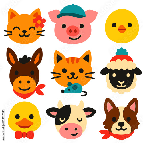 Cute Animal Icons. Flat vector icons of cute farm and domestic animals heads: smiling kitten with flower behind ear, happy piglet