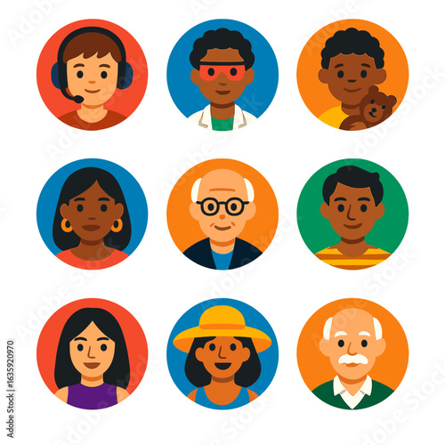 Vibrant Avatar Icons. Flat vector icons of people avatar (round): teen gamer with headset, scientist with goggles, preschooler