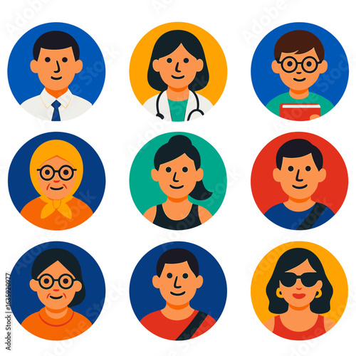 Bright Flat Icon Avatars. Flat vector icons of people avatar (round): male office worker in shirt and tie, female doctor in white