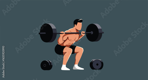 Man squatting with a barbell in a gym, weightlifting, exercising in the gym with weights