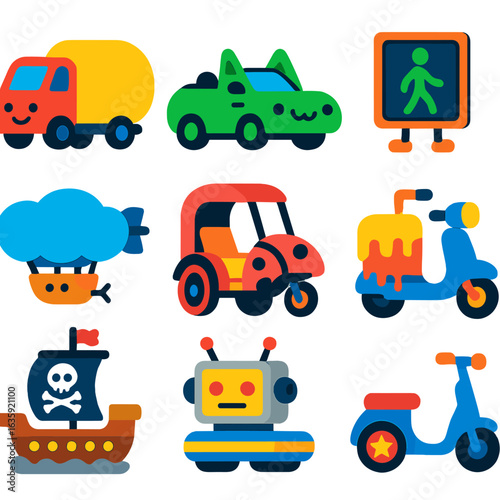 Cartoon Transport Icons. Flat vector icons of transport in cartoon style: jellybean cargo truck, cat-ear convertible, smiling