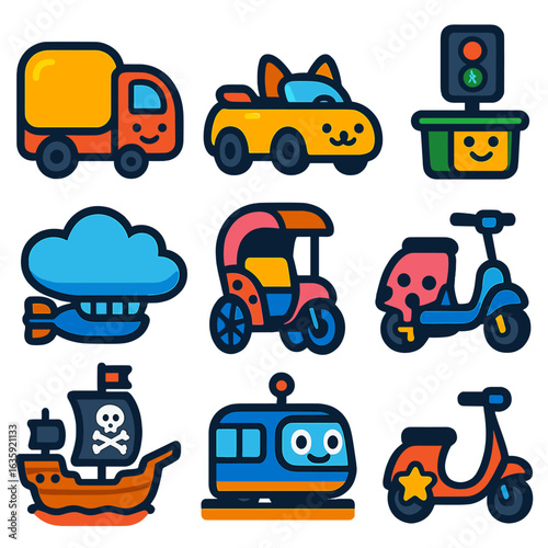 Cartoon Transport Icons. Flat vector icons of transport in cartoon style: jellybean cargo truck, cat-ear convertible, smiling