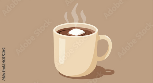 Cup of dark hot beverage with a melting marshmallow, steam rising