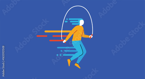 Skipping rope on a blue backdrop, showing a person jumping with dynamic lines