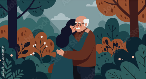 Senior man in hug with long haired woman amidst trees in a stylized illustration