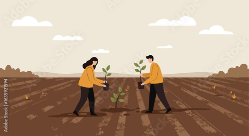 People plant seedlings in a farm field, with clouds, sky, and trees in the background