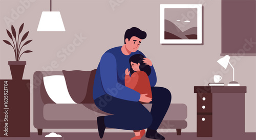 Father comforts daughter on couch, interior scene with plants and lamp on table