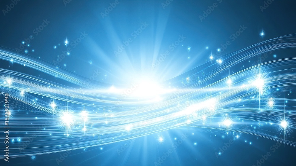 Fototapeta premium Abstract glowing blue waves with light bursts