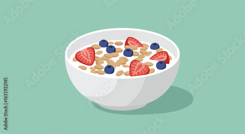 A white bowl filled with cereal, berries, and milk on a light green surface