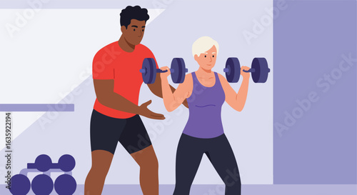 Woman lifts weights, guided by trainer in gym. Dumbbells in background. Fitness scene