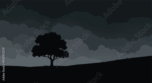 Silhouette of lone tree on hill against cloudy sky. Minimalist illustration