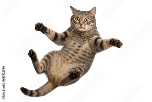 Funny image of a tabby cat falling through the air isolated PNG with Transparent Background