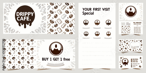 Drippy cafe branding and promotional materials with coffee bean motifs