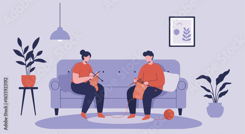Two people knit on the sofa, houseplants, lamp. Calm indoor scene with decor