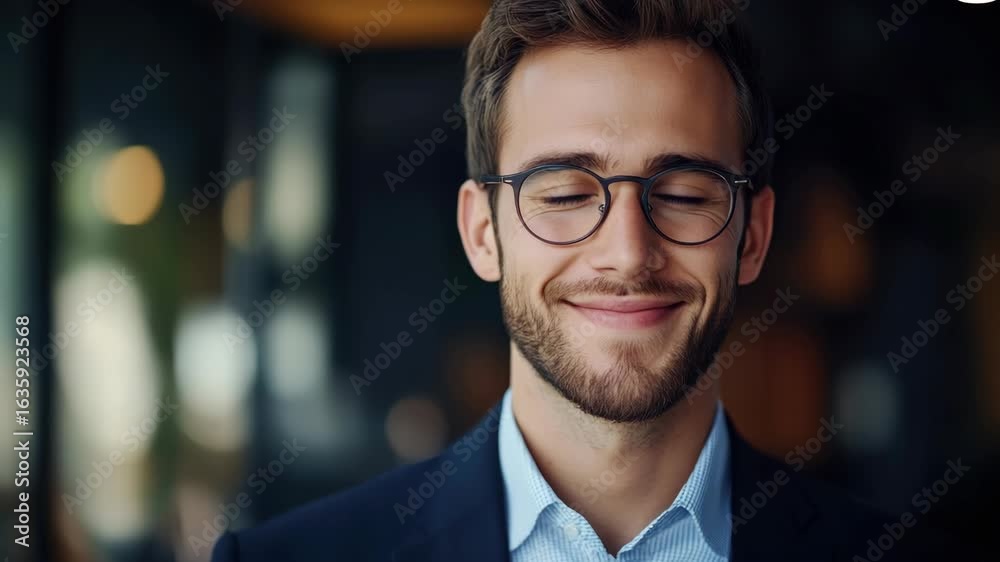 Young, smiling male executive in modern business attire, with glasses. Professional setting. Young, smiling male executive in modern business attire, with glasses. Professional setting.