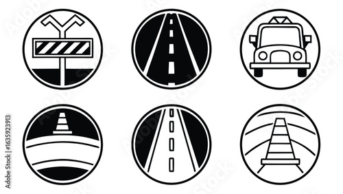 Simple Black and White Road Icons:  Construction, Vehicle, and Highway Symbols for Transportation Design.