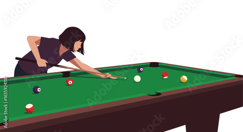 At the billiard.
A woman lines up a shot on a green pool table with various colored balls