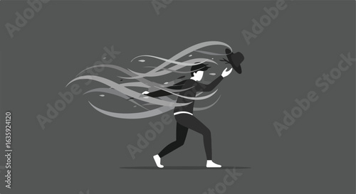 Figure struggling against strong winds, clutching a hat in a monochromatic scene