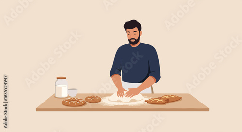 Man kneading dough, jar of milk, & two sweet loaves on a wooden table. Flat design