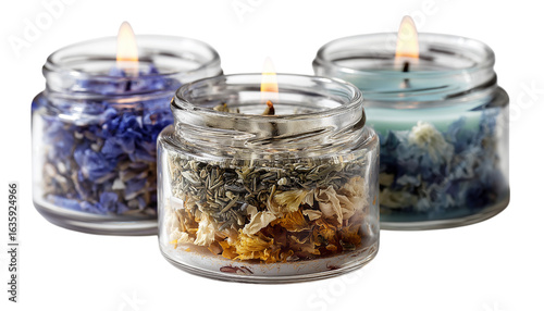 Small glass jar candles with floral infusions visible in lens isolated on transparent background