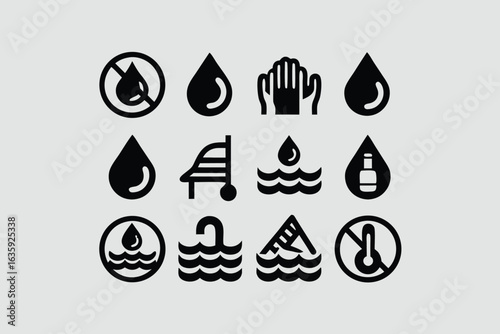 Water icon set. Containing drop, rain, tap, h2o, waterproof, glass of water, shower, drinking water and more. Solid vector icons collection.