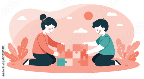 Two figures put together a puzzle in shades of peach, green, and black