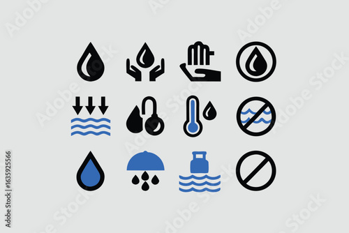 Water icon set. Containing drop, rain, tap, h2o, waterproof, glass of water, shower, drinking water and more. Solid vector icons collection.
