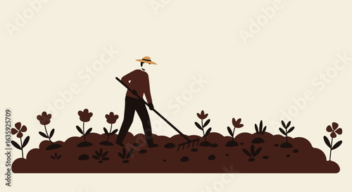 Gardener preparing ground with rake in flower bed, earth tones, minimalist