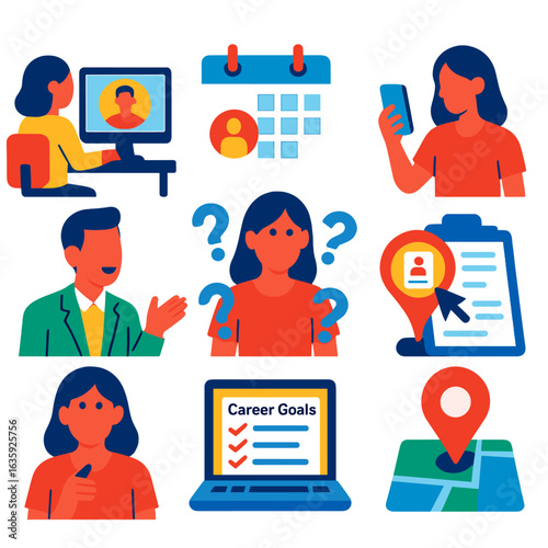 Modern Job Seeker Icons. Flat vector icons of job seekers simple: person on video interview at desk, calendar with job interview