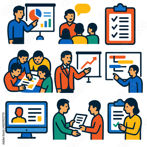 Flat Briefing Icons. Flat vector icons of briefing: person pointing at presentation board, group seated around speaker, clipboard