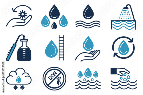 Water icon set. Containing drop, rain, tap, h2o, waterproof, glass of water, shower, drinking water and more. Solid vector icons collection.