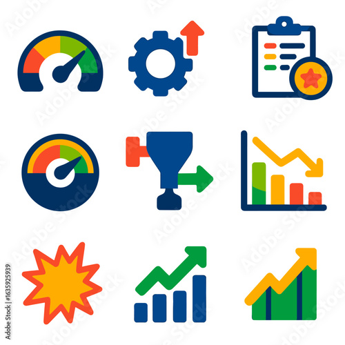 Modern Performance Icons. Flat vector icons of system impact and performance: KPI meter, system effect icon, workflow impact chart