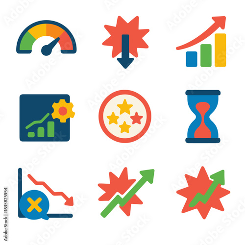 Modern Performance Icons. Flat vector icons of system impact and performance: KPI meter, system effect icon, workflow impact chart