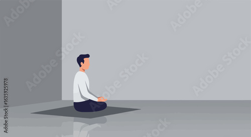 Person sits in lotus position, indoors with neutral background, focusing on mental health
