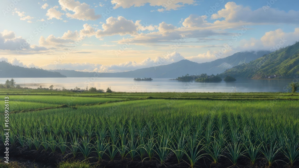 Fototapeta premium Panoramic view of a serene lake and green fields at sunrise