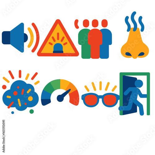 Sensory Overload Icons. Flat vector icons of overstimulation and sensory fatigue: loud noise icon, flashing light warning, crowd