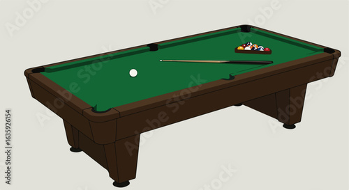 Billiard table, cue stick, billiard balls. Green felt cover. Wooden finish legs
