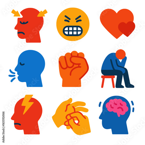 Stress Icons Collection. Flat vector icons of stress and anxiety effects: pressure head icon, clenched teeth face, elevated heart
