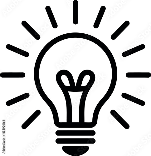 Simple black and white outline of a glowing light bulb silhouette