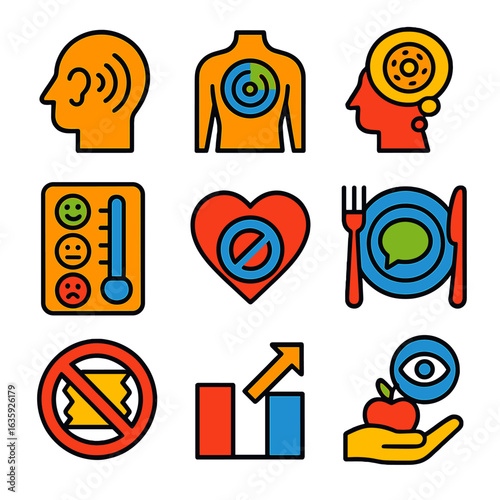 Intuitive Eating Icons. Flat vector icons of intuitive eating principles: listen to hunger icon, body cue radar, satisfaction