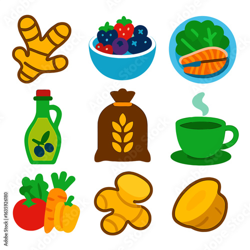 Anti-Inflammatory Food Icons. Flat vector icons of anti-inflammatory foods: turmeric root icon, berries bowl, leafy greens plate,