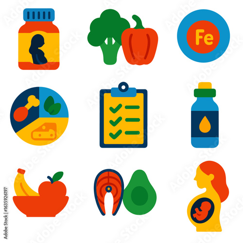 Pregnancy Nutrition Icons. Flat vector icons of nutrition during pregnancy: prenatal vitamins bottle, folate-rich food, iron