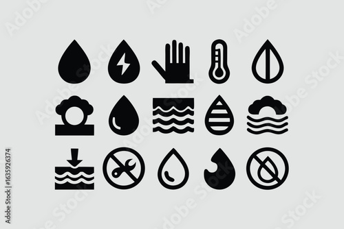 Water icon set. Containing drop, rain, tap, h2o, waterproof, glass of water, shower, drinking water and more. Solid vector icons collection.